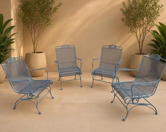 Vintage Set of 4 Woodard Briarwood Coil Spring Wrought Iron Chairs | Patio Garden | Outdoor Furniture Lounge Seating | Poolside
