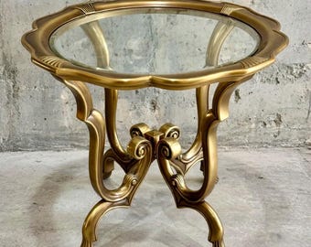 Vintage Mid Century Modern solid Brass side or end Table /scalloped beveled edge round Glass Top/ Hollywood regancy