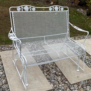 Vintage Woodard Briarwood Rose Glider Bench - Restored Wrought Iron Patio Loveseat, Glossy White Paint, Mid-Century Outdoor Seating