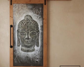 Sliding Barn Door with Buddha Art, Handmade Interior Wood Barn Door, 3D Buddha Relief Wall Art Panel, Zen Decor, New Track Hardware Incl