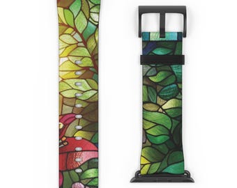 Apple Watch-bandje met bloemen en gebrandschilderd glas: levendig lente-cottagecore-ontwerp