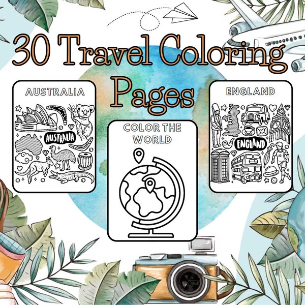 30 Coloring Pages Travel, Travel Activities, Travel Printable, Coloring Pages Travel, Vacation Coloring Pages,