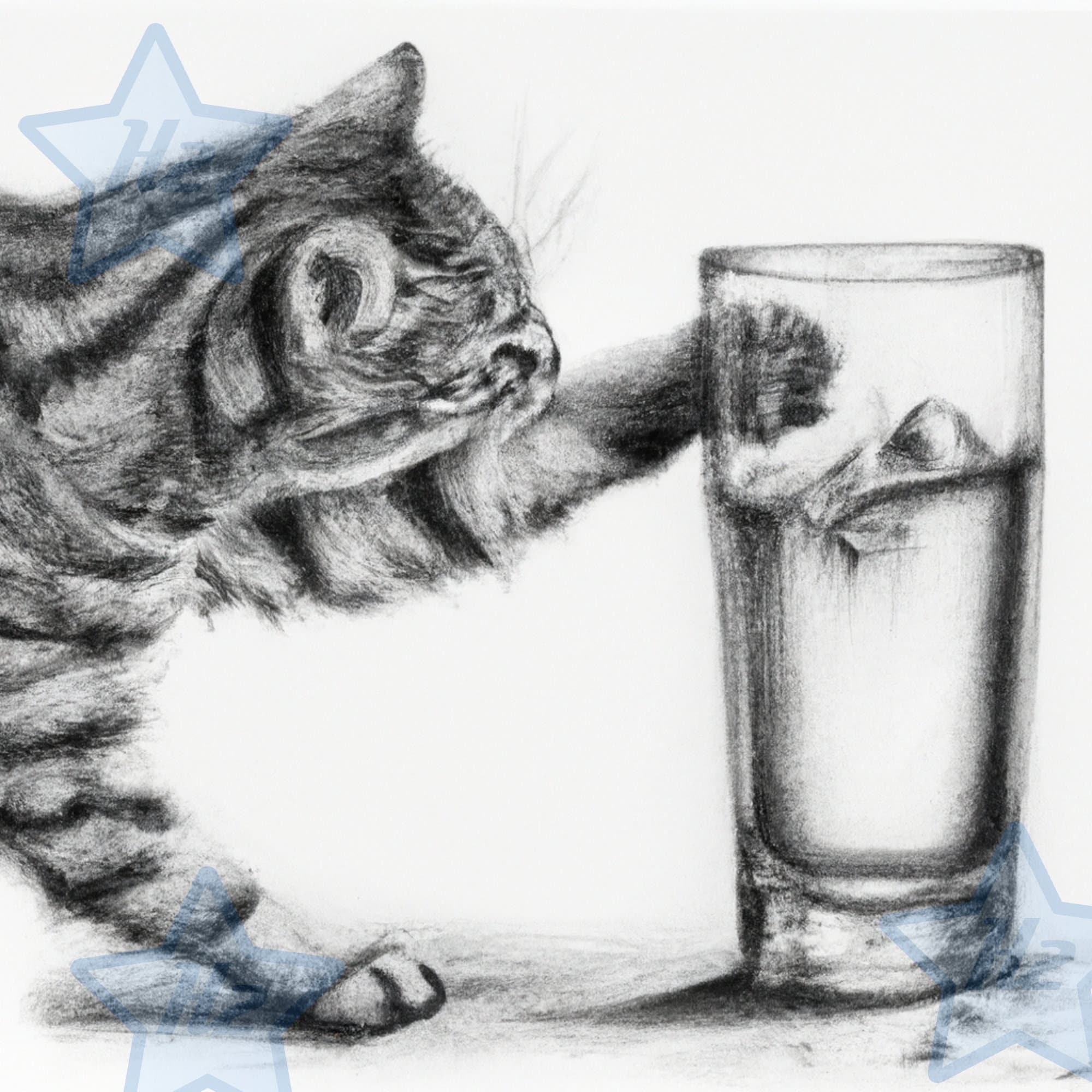 Cat Knocking Over Water Glass Printable Digital Art Pencil Etsy