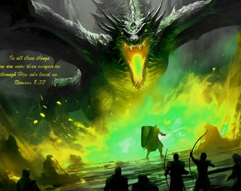 More Than Conquerors Art Print, Green Dragon Christian Wall Art (Digital Download)