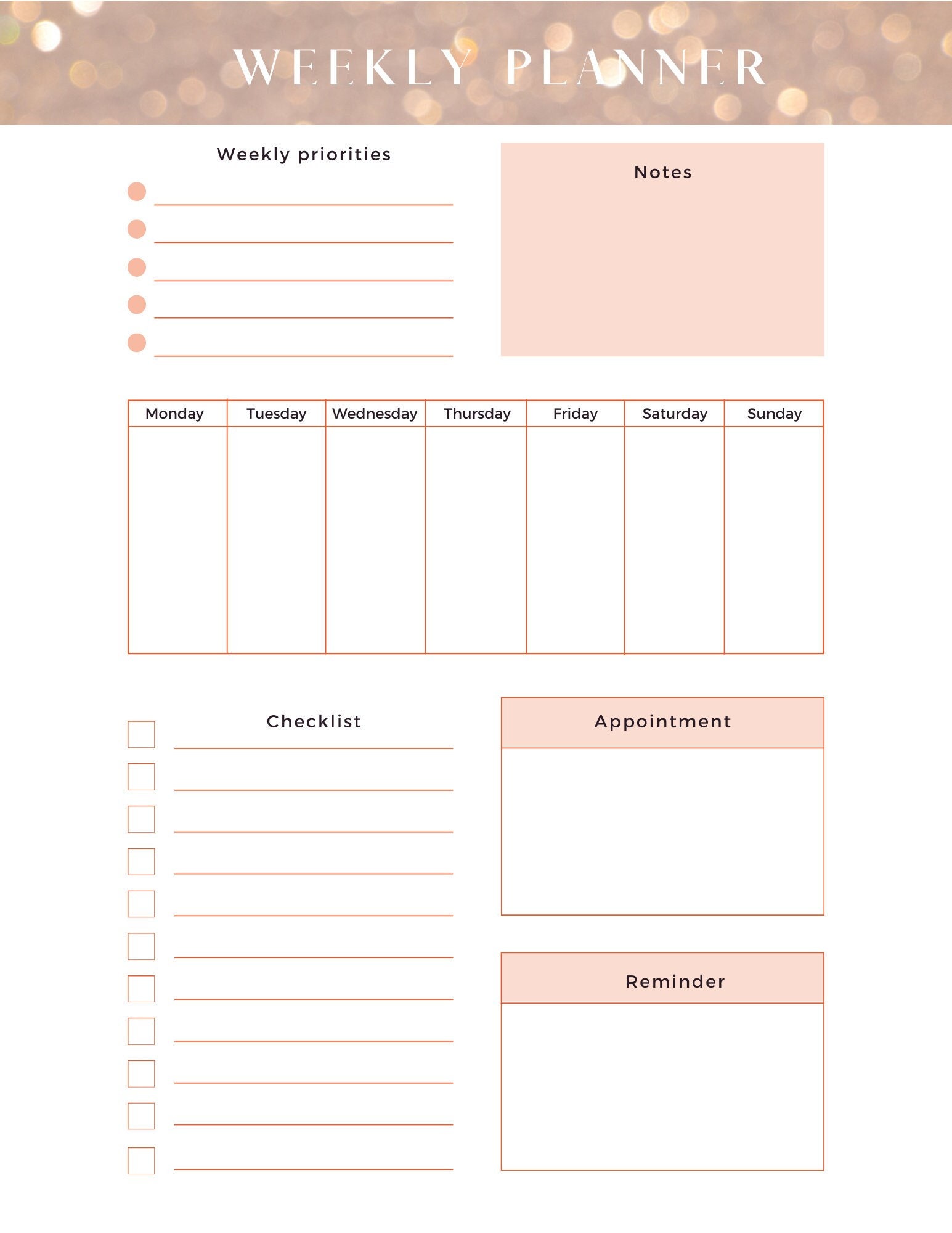 Weekly Planner Pink and Gold Printable Page - Etsy