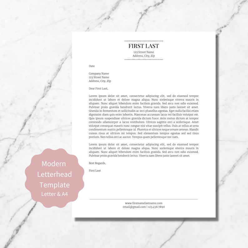 Modern Letterhead Template for Word, Modern Letterhead Template for Google Doc, Custom