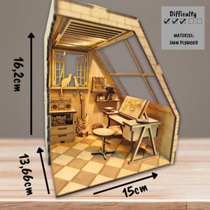 May include: A 3D wooden model kit of a music room with a piano, guitar, and two cats. The kit is made of 3mm plywood and measures 16.2 inches tall, 13.66 inches wide, and 15 inches deep. Difficulty: 3 out of 5.