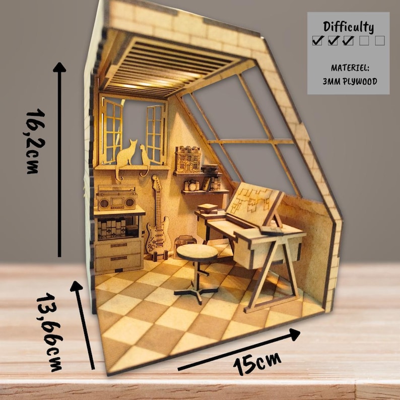 May include: A 3D wooden model kit of a music room with a piano, guitar, and two cats. The kit is made of 3mm plywood and measures 16.2 inches tall, 13.66 inches wide, and 15 inches deep. Difficulty: 3 out of 5.