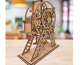 May include: A wooden Ferris wheel model with intricate cut-out details. The model is made of light brown wood and features a rectangular base. The wheel has a circular design with spokes and a central hub. The supports are angled and have circular cutouts.