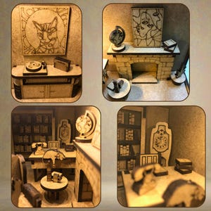 Peut inclure: Mod&egrave;le miniature en bois d'une pi&egrave;ce avec une chemin&eacute;e, un globe terrestre, une horloge, une biblioth&egrave;que, un tourne-disque et une figurine de chat. Le mod&egrave;le est en bois brun clair et a un aspect rustique.