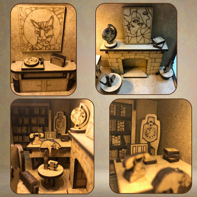 Peut inclure: Mod&egrave;le miniature en bois d'une pi&egrave;ce avec une chemin&eacute;e, un globe terrestre, une horloge, une biblioth&egrave;que, un tourne-disque et une figurine de chat. Le mod&egrave;le est en bois brun clair et a un aspect rustique.