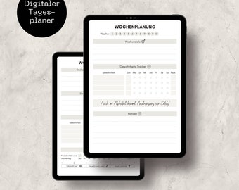 Può includere: Un planner settimanale digitale sullo schermo di un tablet. Il planner include sezioni per obiettivi settimanali, tracciamento delle abitudini e note. Il testo "Auch im Alphabet kennt Anstrengung ver Erfolg" è scritto in corsivo sullo schermo.
