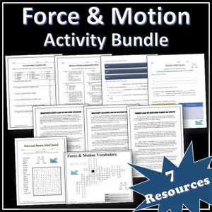 May include: A collection of educational worksheets on force and motion. The image displays various activity sheets, including a word search and a vocabulary crossword. The title "Force & Motion Activity Bundle" is visible at the top.