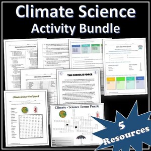 Puede incluir: Un conjunto de hojas de actividades de ciencias climáticas, que incluyen una búsqueda de palabras, un crucigrama y hojas de trabajo. El título "Climate Science Activity Bundle" se muestra en la parte superior. Un gráfico de estrella azul indica "5 Recursos".