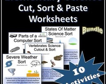 10 Elementary Cut, Sort & Paste Science Worksheets - Bundle - Printable