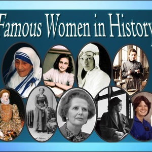 Puede incluir: Un collage de mujeres famosas de la historia, incluyendo a Madre Teresa, Ana Frank, Amelia Earhart, Marie Curie, la reina Isabel I, Rosa Parks, Margaret Thatcher, Sally Ride, y otras. El collage está sobre un fondo azul con el texto "Mujeres famosas de la historia" en la parte superior.