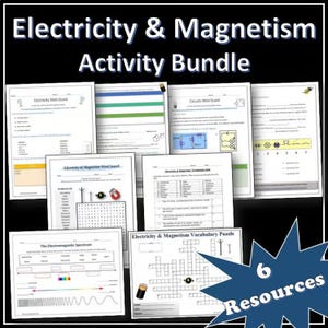 Puede incluir: Un conjunto de recursos educativos sobre electricidad y magnetismo. La imagen muestra varias hojas de trabajo, incluyendo una búsqueda de palabras y un rompecabezas de vocabulario. El título "Electricity & Magnetism Activity Bundle" está en la parte superior, con "6 Resources" en una estrella azul.