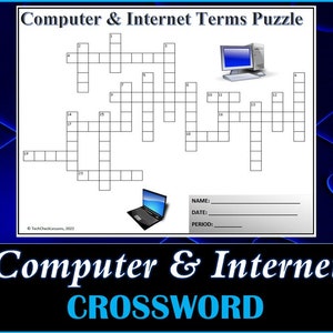 Könnte beinhalten: Ein Schwarzweiß-Kreuzworträtsel mit dem Titel "Computer & Internet Terms Puzzle". Das Rätsel hat 20 nummerierte Felder und enthält Bilder eines Desktop-Computers und eines Laptops.