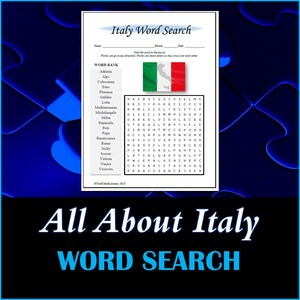 Tout sur l&#39;Italie Word Search - TÉLÉCHARGEMENT NUMÉRIQUE