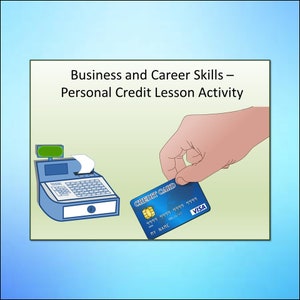 May include: A blue credit card with the words "CREDIT CARD" and "VISA" printed on it. The card has a gold chip and the number "9999 9999 9999 9999" printed on it. The card is being inserted into a blue cash register.