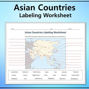 Arbetsblad för märkning av asiatiska länder - Geografi redigerbar DIGITAL NEDLADDNING