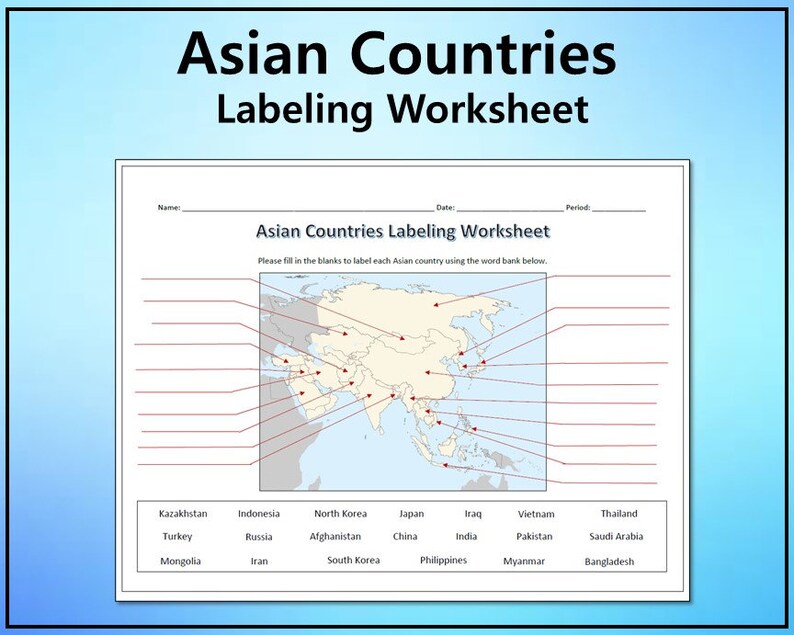 Asian Countries Labeling Worksheet - Geography Editable DIGITAL ...