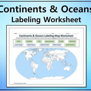 Continent & Oceans Labeling Worksheet Carte modifiable TÉLÉCHARGEMENT NUMÉRIQUE