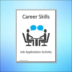 May include: A white poster with the text "Career Skills" and "Job Application Activity". The poster shows a graphic of two figures at a table, with blue speech bubbles above them. The poster is set against a light blue background.