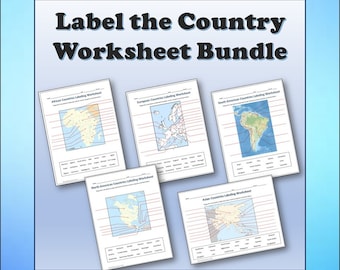 Continent & Countries Labeling Worksheet Bundle (6) - Geography DIGITAL DOWNLOAD