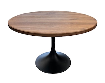 Custom Made Round Walnut Tabletop with Tulip Shape Black Powder Coated Table Legs