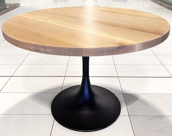Custom Made Round Dining Table - White Oak Tabletop & Tulip Shape Metal Base