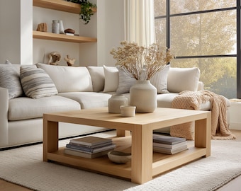 May include: A light oak square coffee table with a lower shelf, holding books and a bowl, sits in front of a cream-coloured sectional sofa. Decorative vases and dried flowers are on the table. A neutral rug and large window complete the living room.