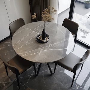 Round Stone Tabletop - Grey Color With White Veins