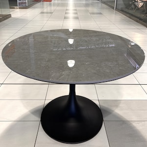 Round Dining Table - Calacatta Grey Stone Tabletop & Tulip Shape Metal Base