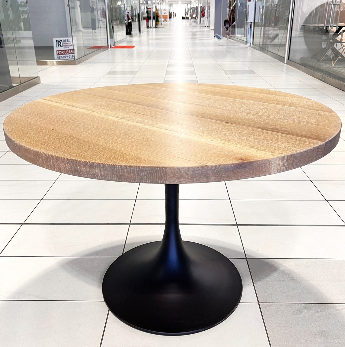 Custom Made Round Dining Table - White Oak Tabletop & Tulip Shape Metal ...