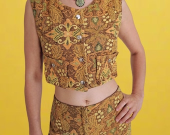 Conjunto de chaleco y pantalón vintage de los años 70 / Tapiz de damasco naranja llamativo