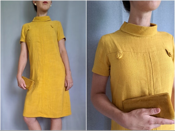 Vintage 60s mod mustard yellow linen feel sheeth … - image 1