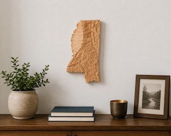 Mississippi Maple Wood Map, CNC Carved Topographic State Wall Art, Handmade Mississippi Gift
