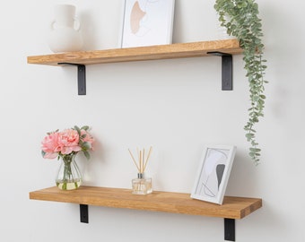 Solid Oak 27mm Thick Floating Wall Shelves | Various Sizes Available | Wooden Decorative Display Shelves For Office, Living Room, Kitchen