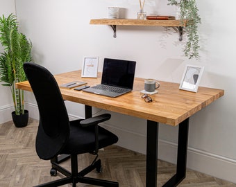 Solid Oak Office Desk & Industrial Square Metal Legs | Premium European Wooden Rectangular Table top | Chunky Thick Industrial Wood Desk