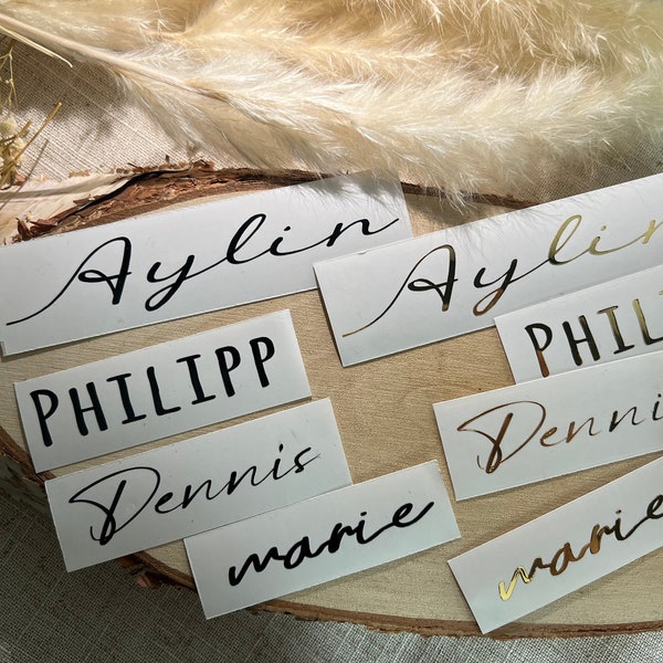 Personalized vinyl stickers with names and words of all kinds for weddings, birthdays, and gifts, in your desired size and color.