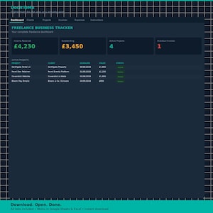 May include: A dark teal freelance business tracker with white grid lines. The dashboard displays income, outstanding amounts, active projects, and overdue invoices. Project details include client, deadline, value, and status. Text at the bottom reads "Download. Open. Done."