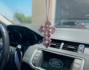 Crochet cross rear view mirror car accessory