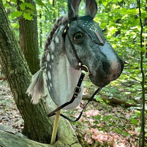 Dapple Gray Realistic Hobby Horse XL/A3 size, White and Gray Stick Horse with bridle and reins, READY to SHIP