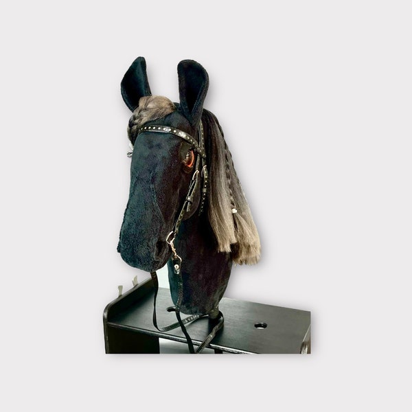 Black Realistic Hobby Horse with Bridle and own Stable , A3 Stick Horse