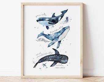 You Are Fearfully And Wonderfully Made Nursery Printable, Nautical Boys room wall decor, Psalm 139 watercolor art, Whale Bible Verse print