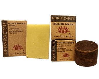 PACK 2 en 1 NaturalSu | Acondicionador Reparador con Aguacate y Cacao + Champú Sólido Natural Purificante con Shikakai Anti Caída Uso Diario