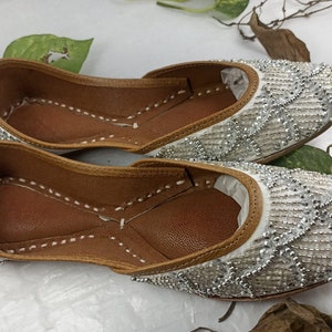 White Wedding Shoes-Silver Embroidered, Beaded Bridal Footwear, Ethnic Indian Juttis, Mojaris, Khussa-Elegant Indian Bridal Shoe Collection.