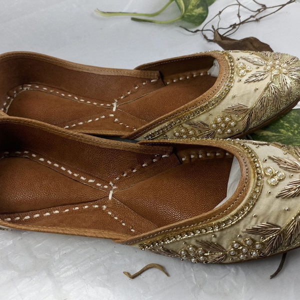 Gold Embellished Party Shoes - Handmade Shoes Beads, Women Khussa, Mojari, Indian Ethnic Gold Jutti, Elegant Footwear for Special Occasions.