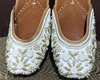 Handmade Indian Bridal Flats-Embroidered Khussa Shoes for Bride & Bridesmaids, White Pearl Wedding Shoes, Punjabi Juttis-Perfect Gift Women.